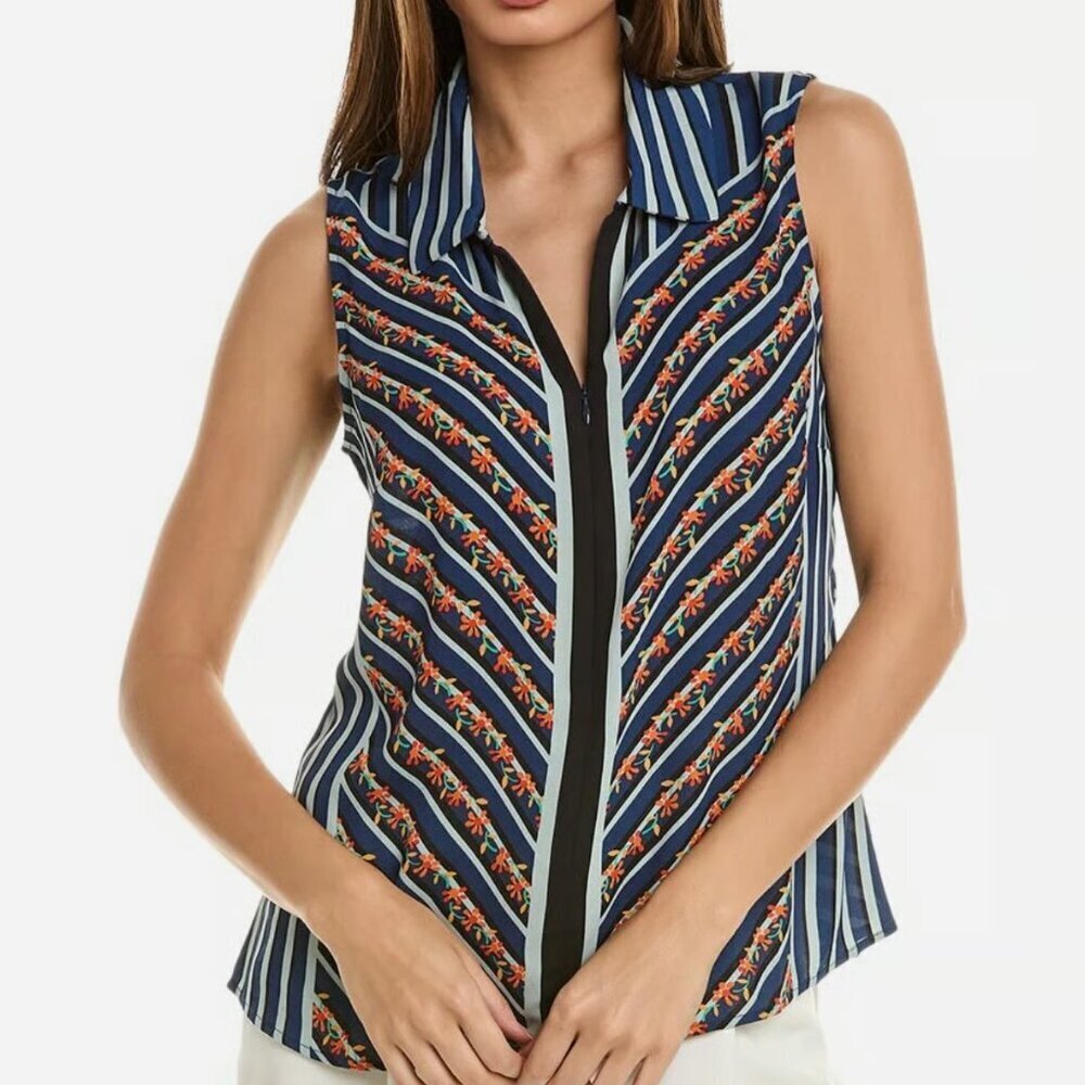 CAbi sleeveless blouse top shirt chiffon zipper chevron floral blue orange new L